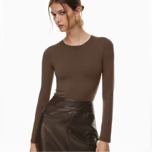 Aritzia Slim Long-Sleeve Crewneck Top in Chocolate Brown